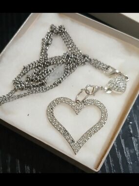 Silver Crystal Heart Pendant Necklace - Women Jewelry 24 Inches